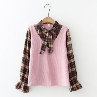Mock Two-piece Plaid Bell-sleeve Blouse