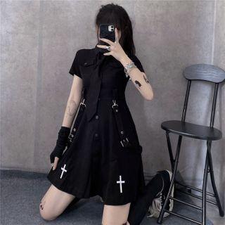 Short Sleeve Cross Embroidered A-line Shirtdress