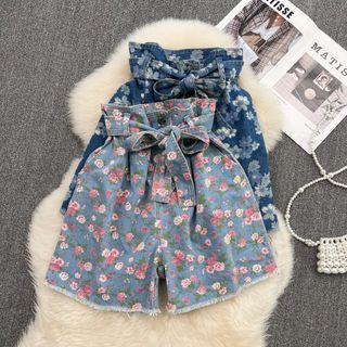 High Waist Rose Print Denim Shorts With Sash