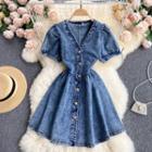 V-neck Single-breasted Denim Dress