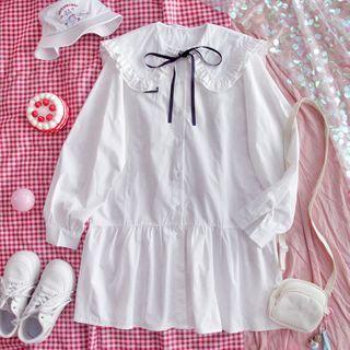 Long-sleeve Ruffle Trim Shirt Dress White - One Size