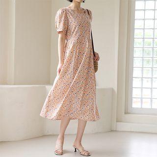 Square-neck Floral Print A-line Dress