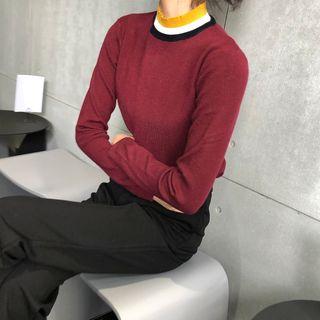 Long-sleeve Mock Neck Color Block Knit Top