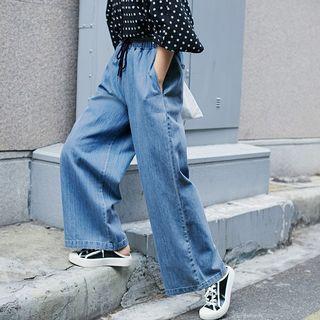 Drawstring Wide-leg Jeans Light Blue - One Size