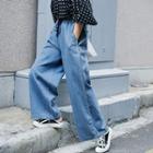 Drawstring Wide-leg Jeans Light Blue - One Size