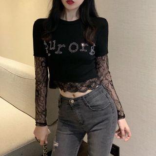 Mock Two Piece Lace Panel Sequined Cropped Top Black - One Size