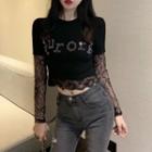 Mock Two Piece Lace Panel Sequined Cropped Top Black - One Size