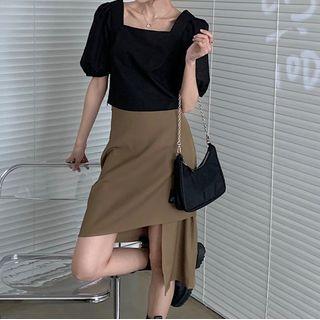 Square Neck Puff Sleeve Top / Asymmetric Hem A-line Skirt