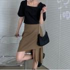 Square Neck Puff Sleeve Top / Asymmetric Hem A-line Skirt