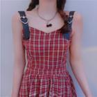 Heart Buckle Plaid Frill Trim Mini A-line Overall Dress