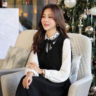 Lace-collar Beribboned Shirred Blouse