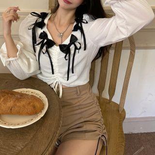 Long-sleeve Bow-accent Drawstring Blouse