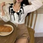Long-sleeve Bow-accent Drawstring Blouse
