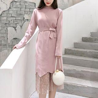 Set: Beaded Long Sweater + Midi A-line Lace Skirt