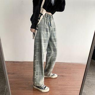 High-waist Plaid Jeans