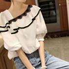 Asymmetrical Puff-sleeve Lace Trim Blouse