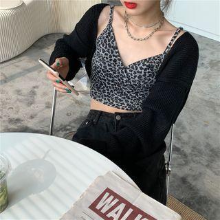Plain Cardigan / Sleeveless Leopard Print Cropped Top
