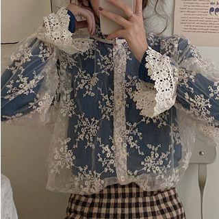 Mock-turtleneck Long-sleeve T-shirt / Flared-cuff Lace Shirt