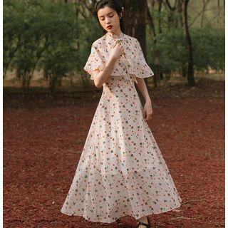Cape-sleeve Chiffon A-line Maxi Dress