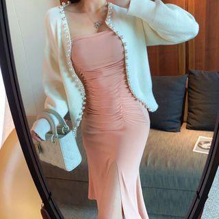 Faux-pearl Cardigan / Plain Slim-fit Sleeveless Dress