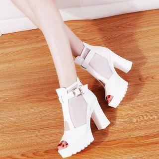 Mesh Panel Faux-leather Chunky-heel Sandals