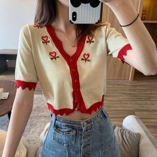 Floral Short-sleeve Knit Top Red - One Size