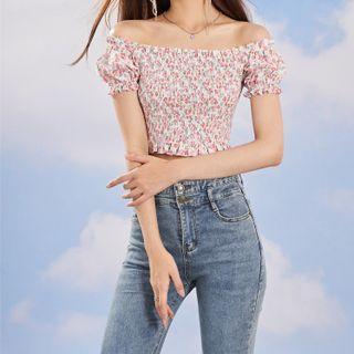 Cropped Off-shoulder Floral Ruched Short-sleeve Top