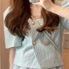 Short-sleeve Square-neck Blouse / Mesh Overlay Midi A-line Skirt