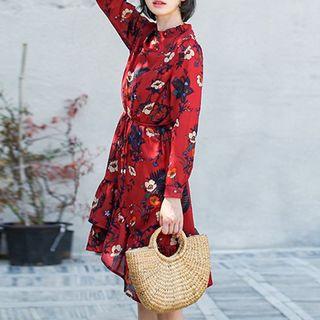Frilled Trim Stand Collar Floral Print Dress