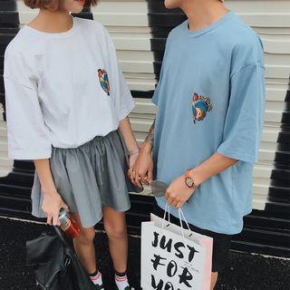 Couple Matching Rooster Embroidered Elbow-sleeve T-shirt