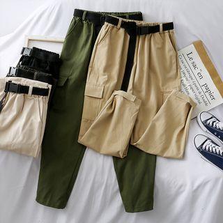Adhesive Tabs Cargo Jogger Pants With Belt
