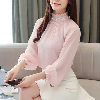 Mock-turtleneck Faux Pearl Blouse