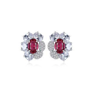 Sterling Silver Elegant Fashion Flower Stud Earrings With Red Cubic Zirconia Silver - One Size