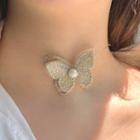 Faux Pearl Butterfly Fishing Line Choker 0404a - Choker - Gold - One Size