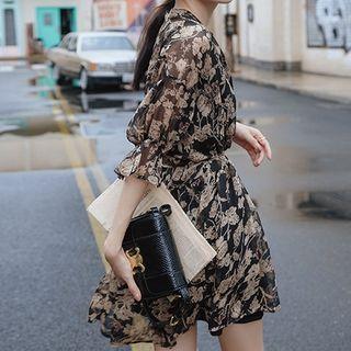 Set: Floral Long-sleeve A-line Dress + Slipdress Set - As Shown In Figure - One Size