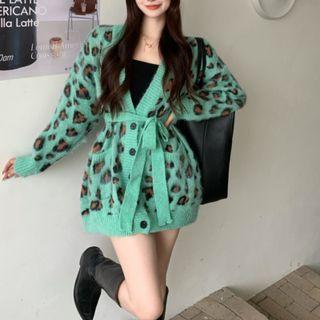 Tie-waist Leopard Print V-neck Cardigan