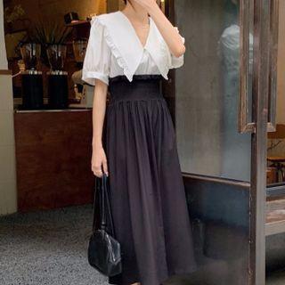 Short-sleeve Mock Two-piece Midi Dress White & Dark Gray - One Size