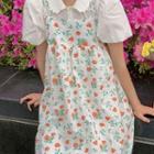 Set: Short-sleeve Shirt + Floral Midi A-line Overall Dress