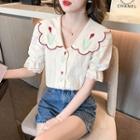 Puff-sleeve Floral Embroidered Lace Blouse
