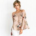 Off-shoulder Bell-sleeve Long-sleeved Floral Print Loose-fit Chiffon Blouse