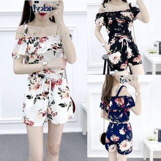 Set: Ruffle Trim Flower Top + Drawstring Flower Shorts