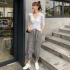 Drawstring Elbow-sleeve T-shirt / Checked Harem Pants