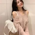 Fluffy Cold Shoulder Sweater Pink - One Size