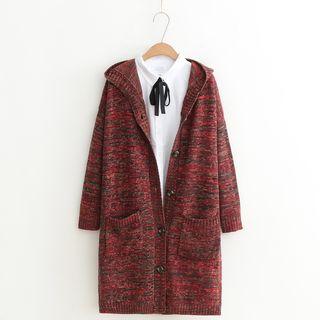 Melange Hooded Long Cardigan Red - One Size