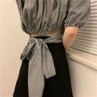 Lantern Sleeve V-neck Cropped Top / Slit A-line Skirt