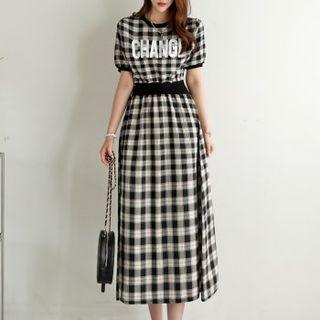 Letter Band-waist Long Plaid Dress