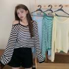 Off-shoulder Striped Knit Long-sleeve Suspender Top