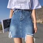 Ripped Mini Denim A-line Skirt