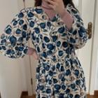 3/4-sleeve Flower Print Midi A-line Dress Blue Floral Print - Off-white - One Size