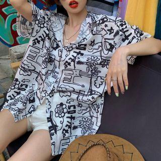 Elbow-sleeve Print Shirt White & Black - One Size